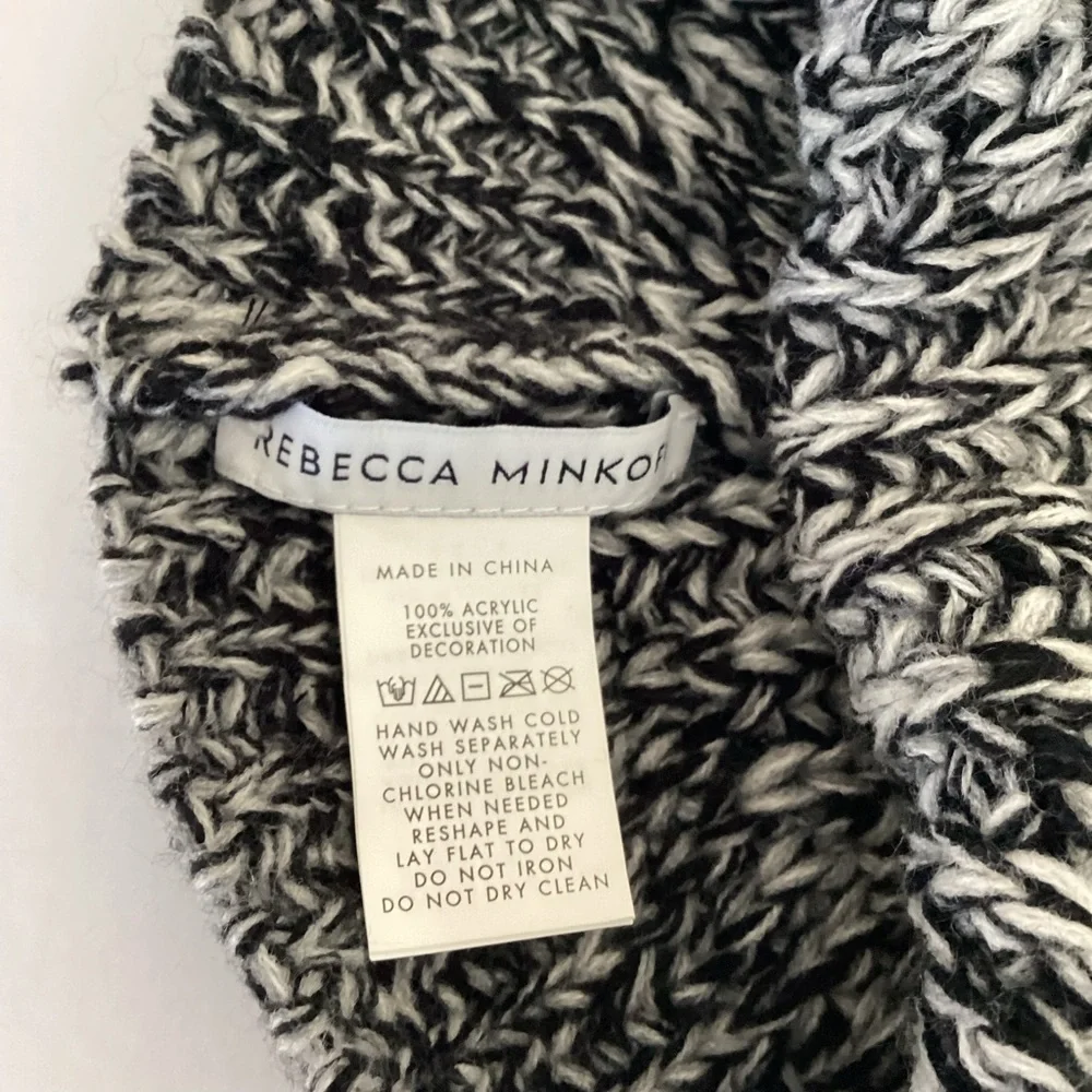 Rebecca Minkoff Cable Knit Beanie Hat Chunky Pom Pom Black Grey Cozy